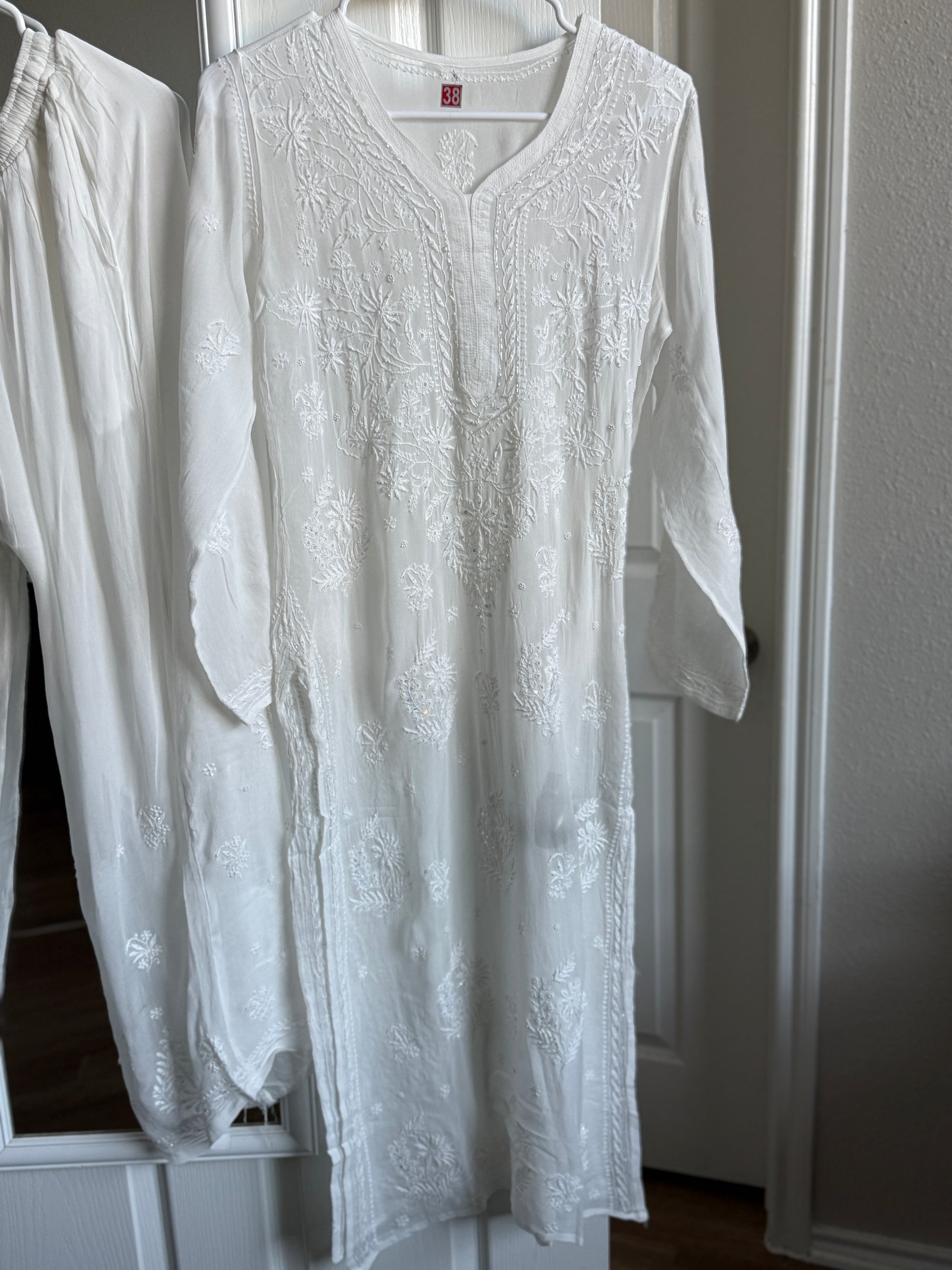 White Viscose Chikankari  Kurti Palazzo and Shameez