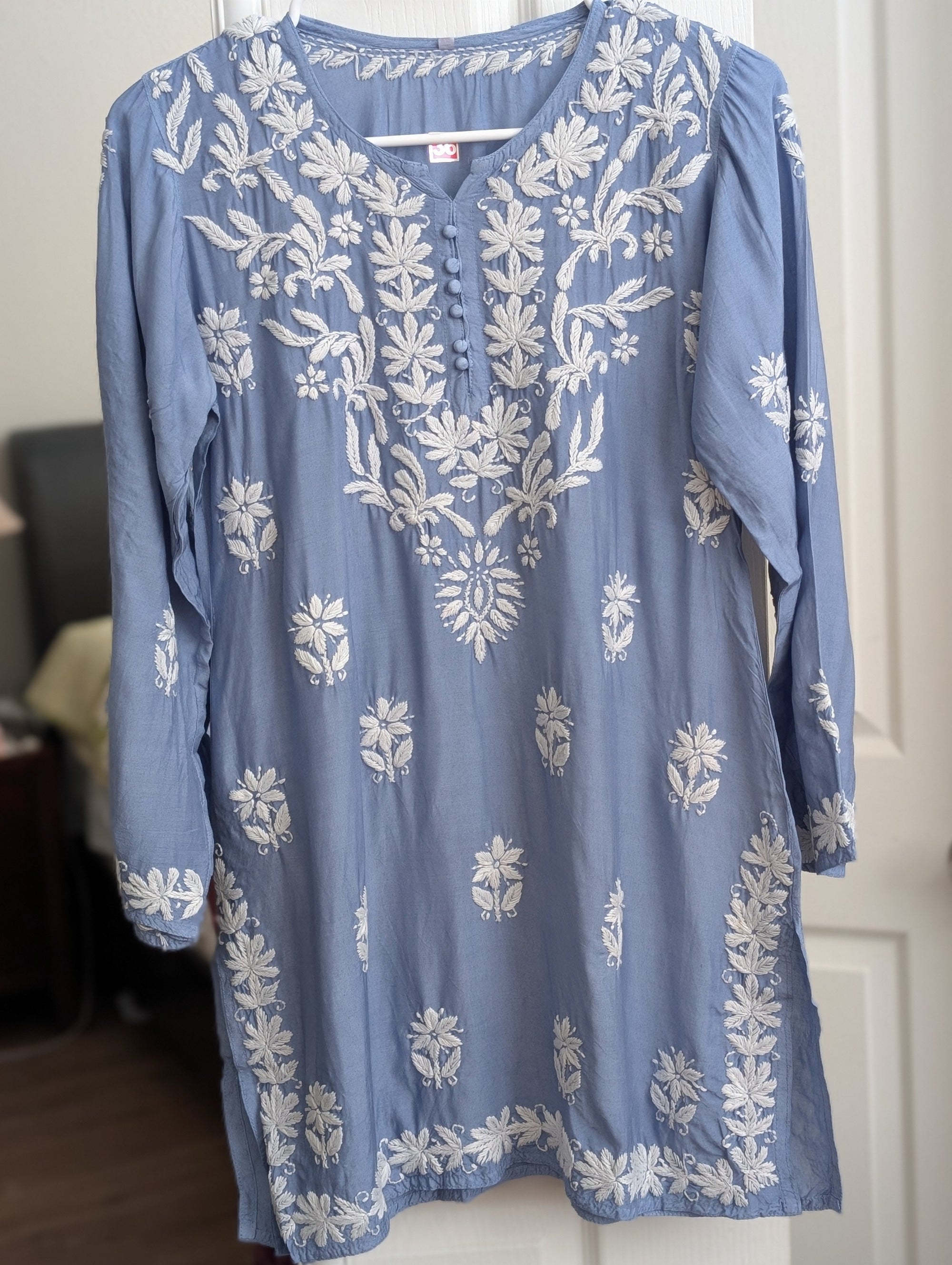 Blue Chanderi Chikankari Short Top