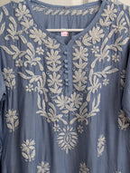 Blue Chanderi Chikankari Short Top