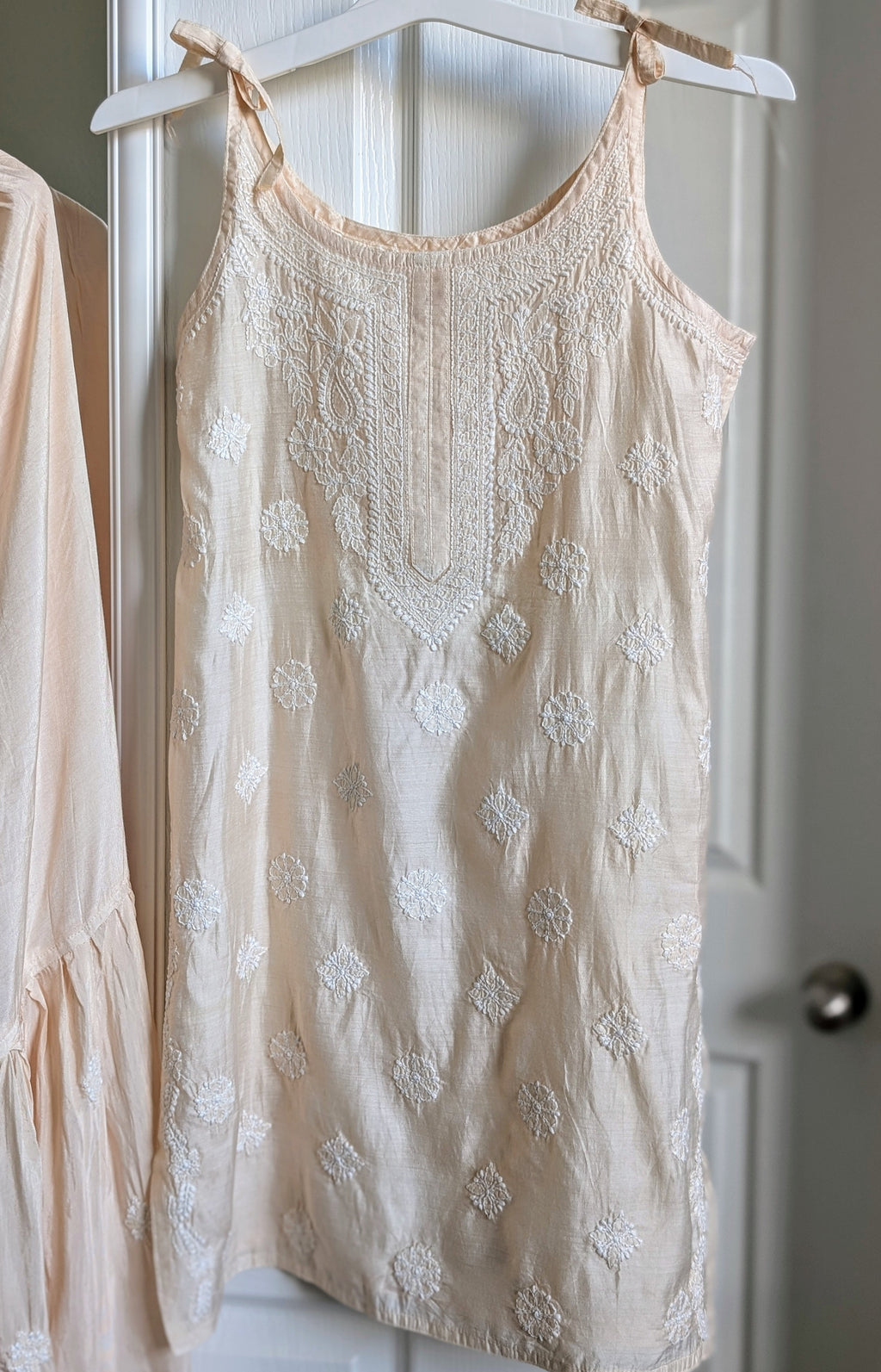 Chanderi Chikankari Spagetti top with Sharara and duppatta