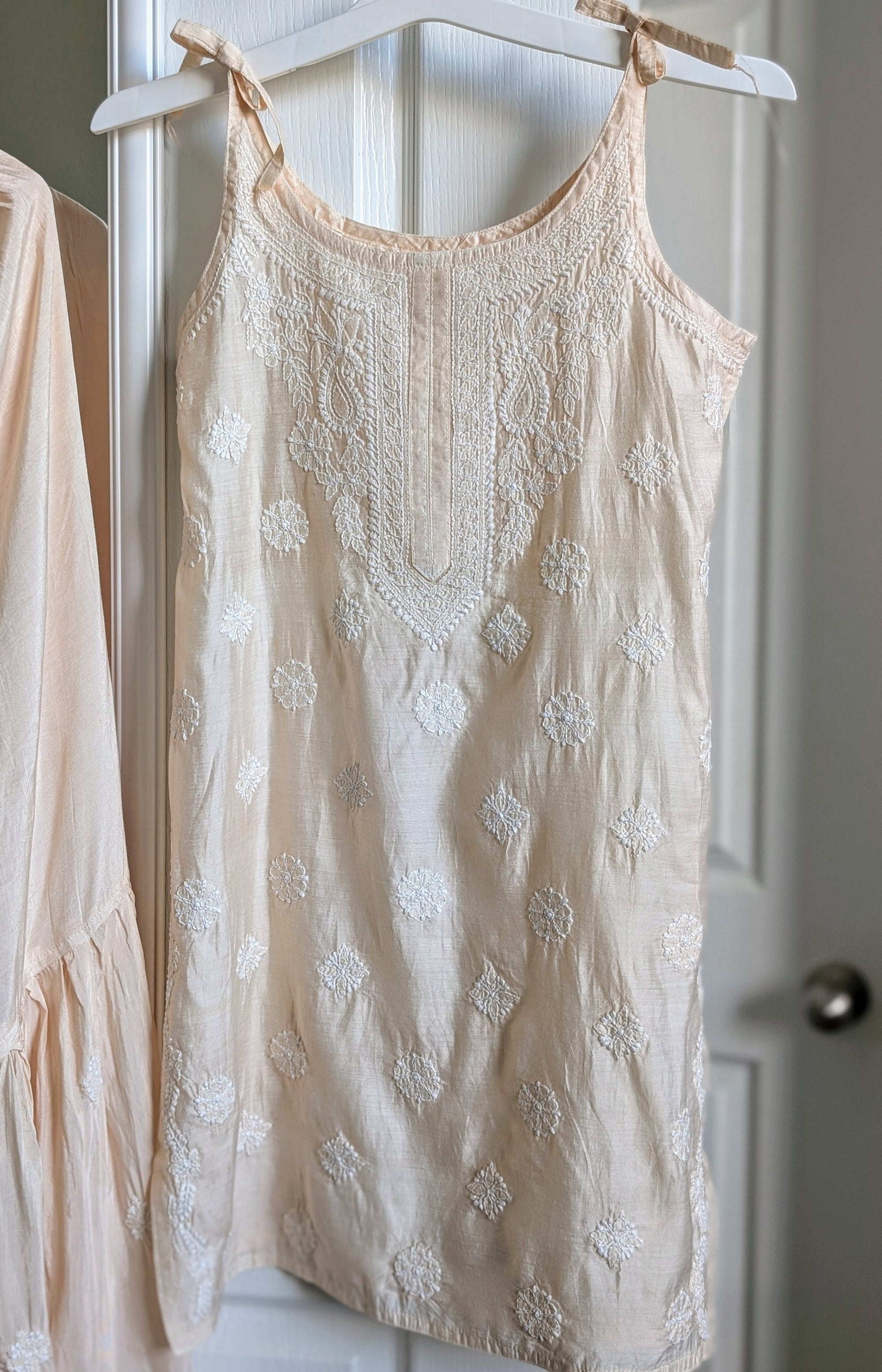 Chanderi Chikankari Spagetti top with Sharara and duppatta