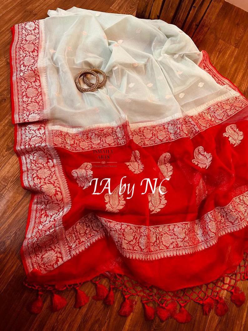 Traditional white saree with red border Banarasi Saree (Pre-order)